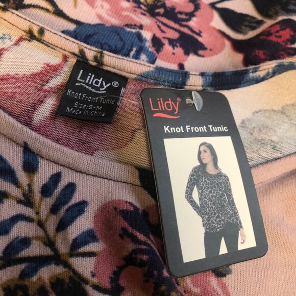 Lildy Pink Floral Knot Front Tunic Womens Size Small Medium Long Sleeve Top NEW - Picture 6 of 9